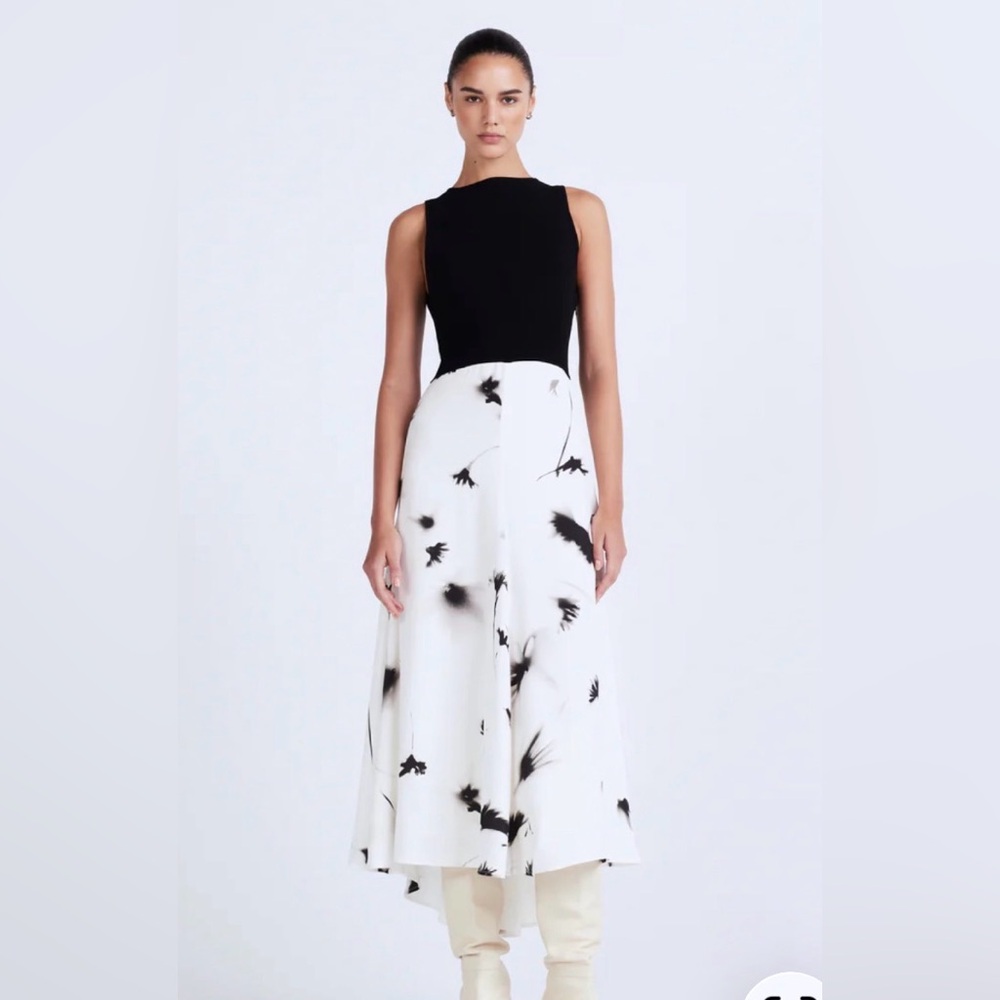 Derek Lam Pheobe Black & White Floral A-Line Midi Dress